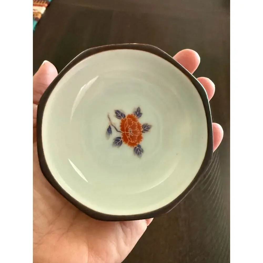 Vintage Japanese Shozan Kiln Mino Ware Octagonal Floral Bowl Kutani Style
